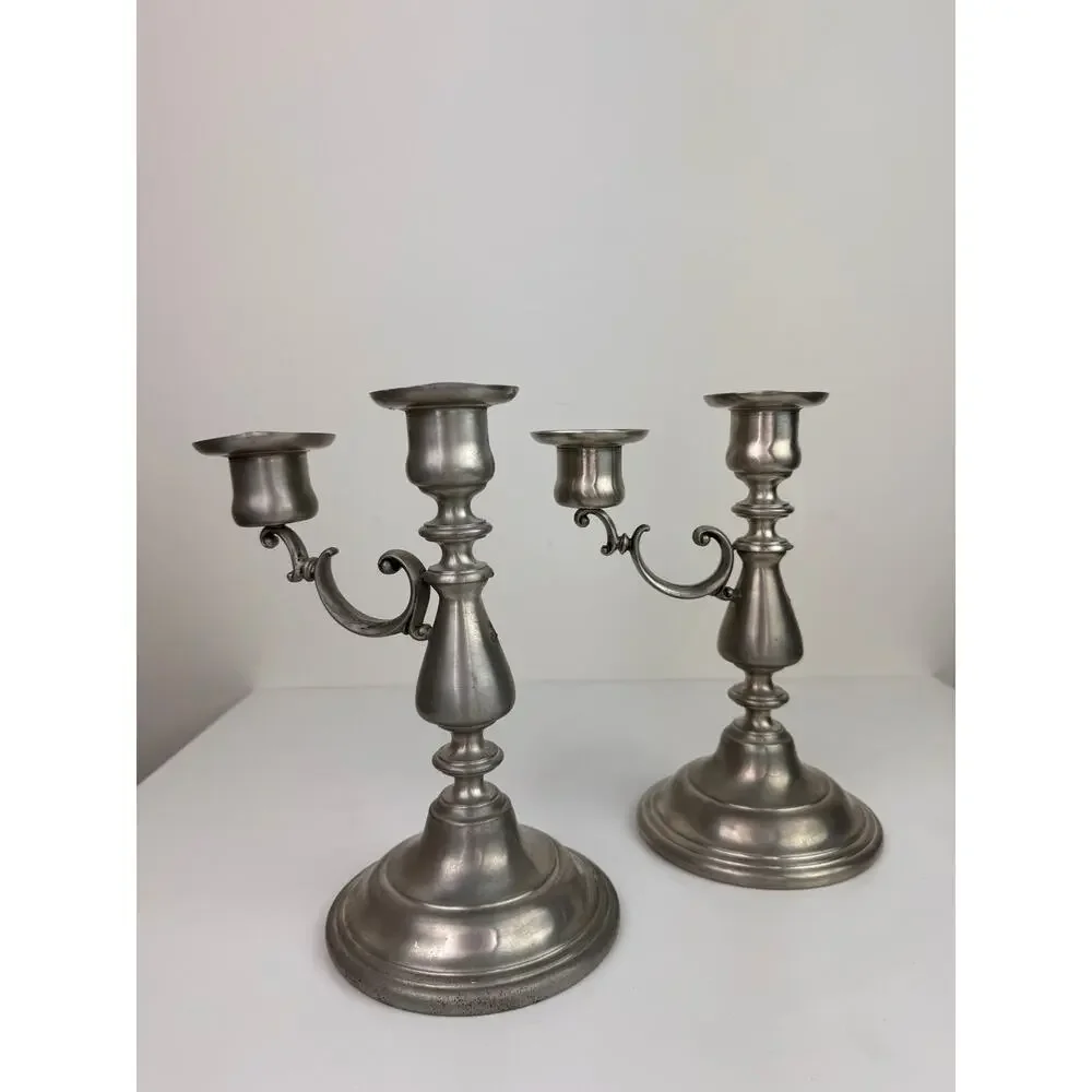Vintage American Pewter Silver Stainless Steel Decor 2 Candle Holder Stick Set